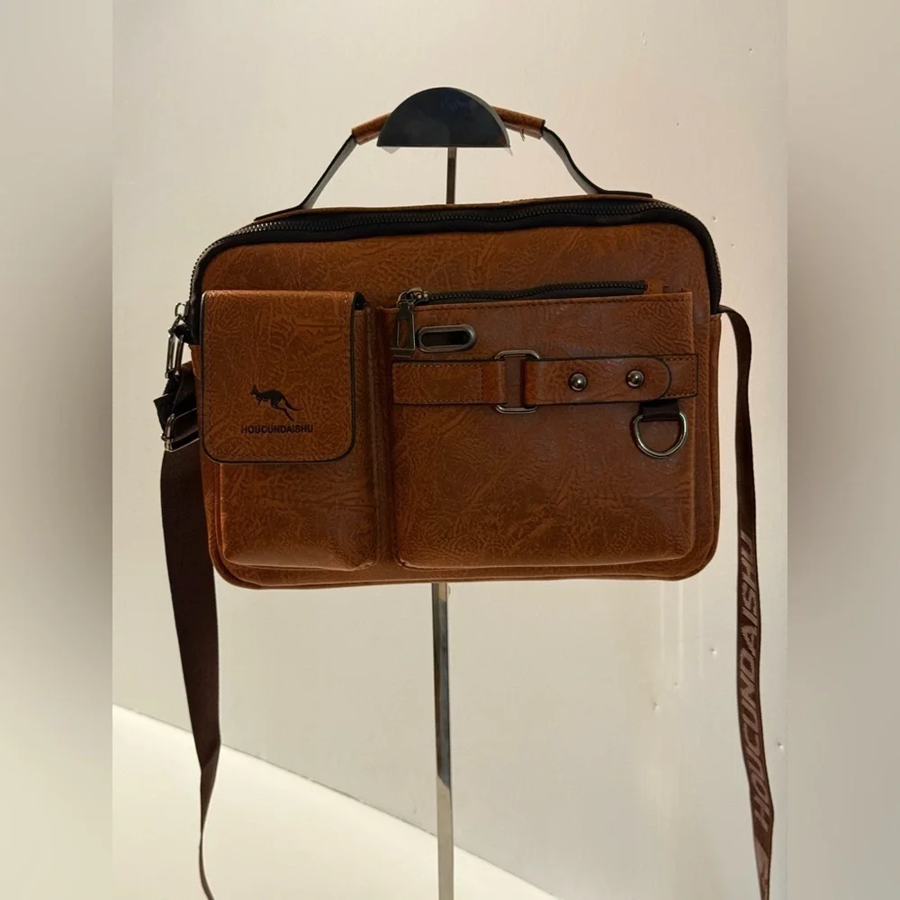Houcundaishu Vegan Brown Leather Men’s Messenger Crossbody Bag Adjustable